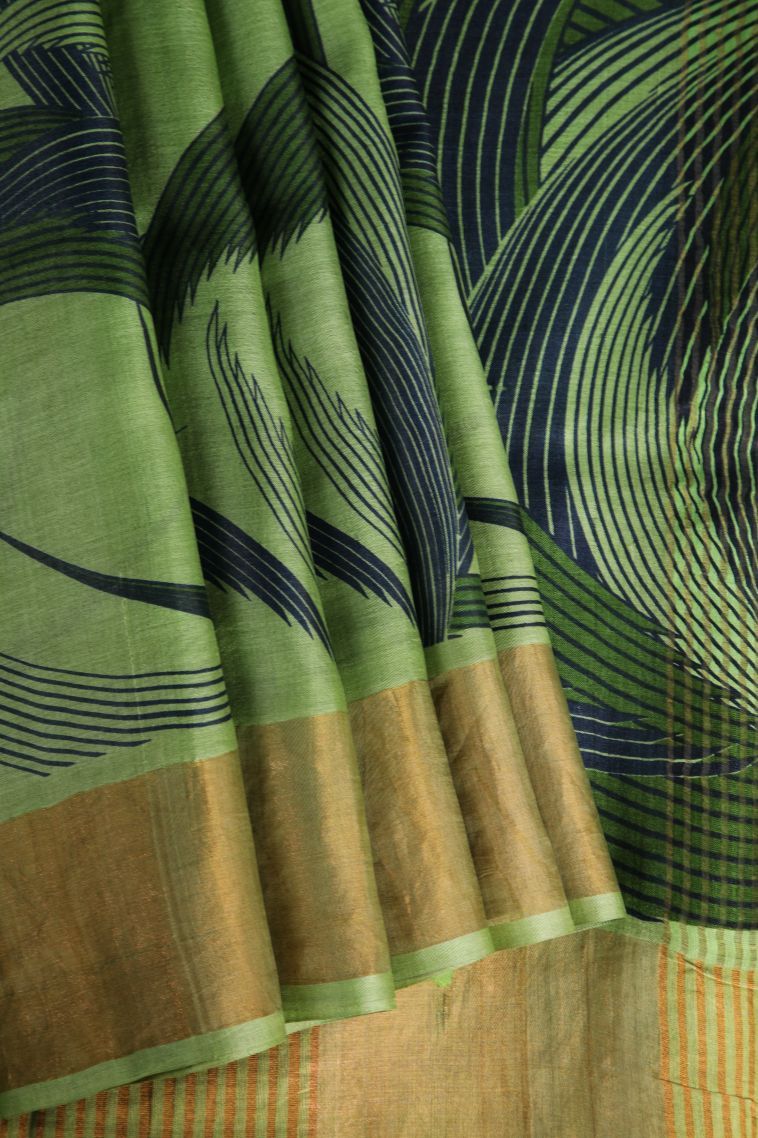 Fern Green Tussar Saree with Gold Zari Geometric Shapes view 1