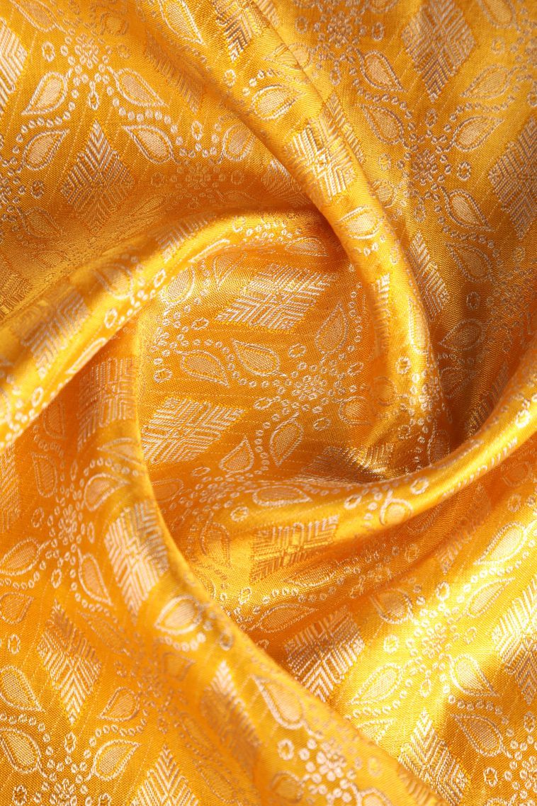 Beige Yellow Kanchipuram Silk Sarees with Gold Zari Floral Patterns view 4