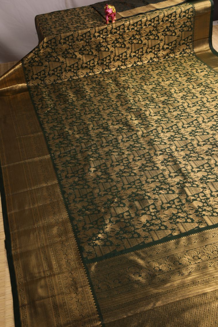 Bottle Green Apoorva Silk Sarees with Gold Zari Animal And Bird Motifs view 2