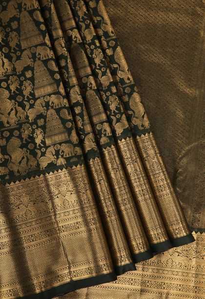 Bottle Green Apoorva Silk Sarees with Gold Zari Animal And Bird Motifs