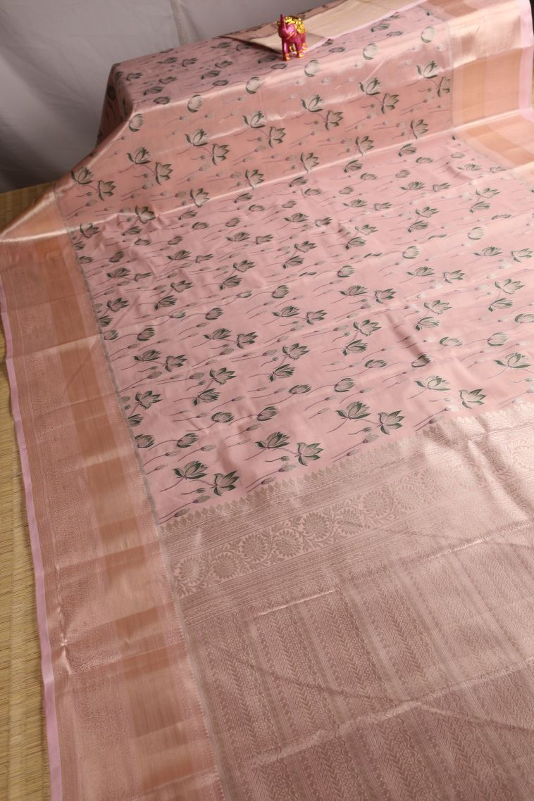 Crepe Pink Tissue Silk Sarees with Gold Zari Floral Patterns view 2
