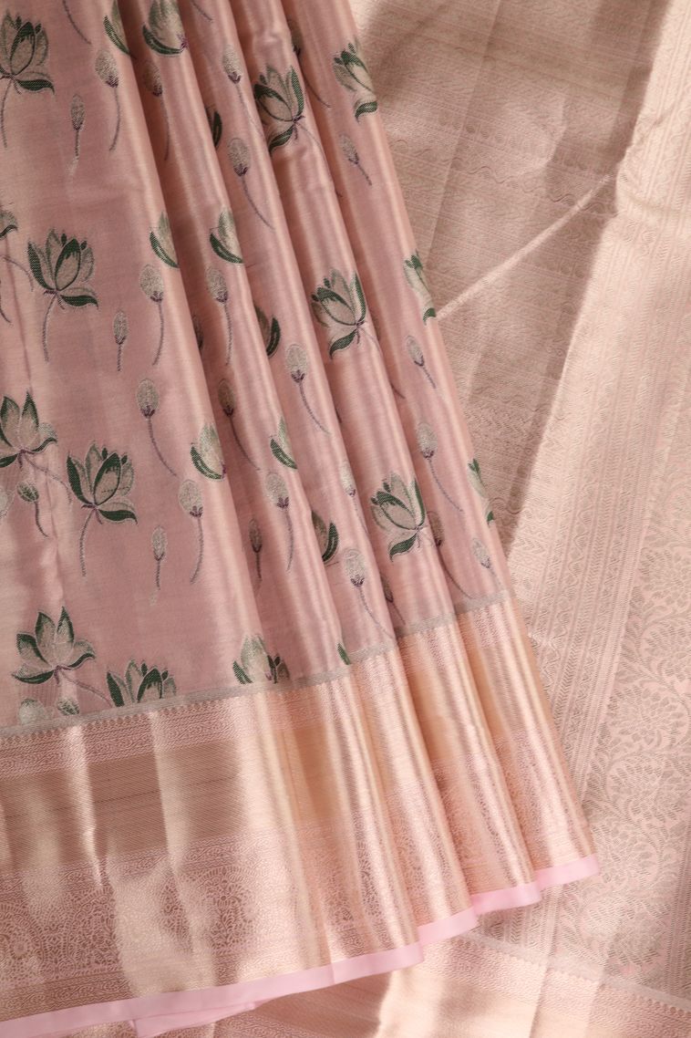 Crepe Pink Tissue Silk Sarees with Gold Zari Floral Patterns view 1
