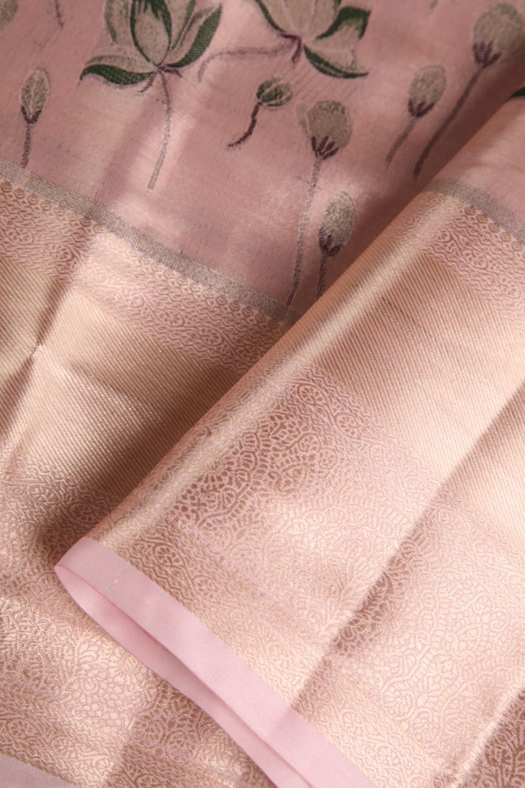 Crepe Pink Tissue Silk Sarees with Gold Zari Floral Patterns view 4