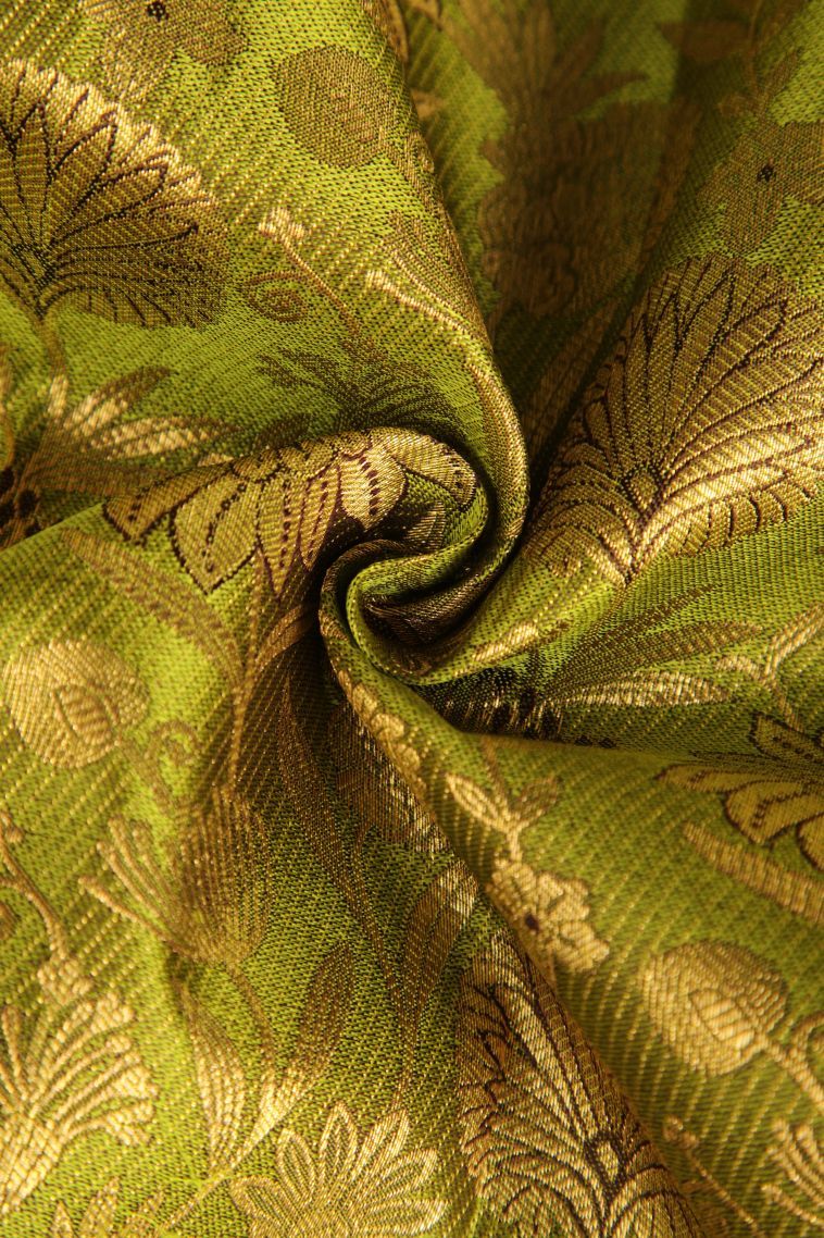 Moccon Green Kanchipuram Silk Sarees with Gold Zari Floral Patterns view 4