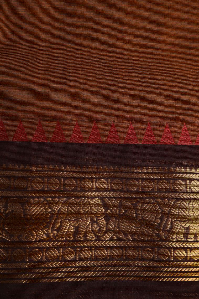 Tawny Brown Chettinad Cotton Sarees with Gold Zari Plain view 3