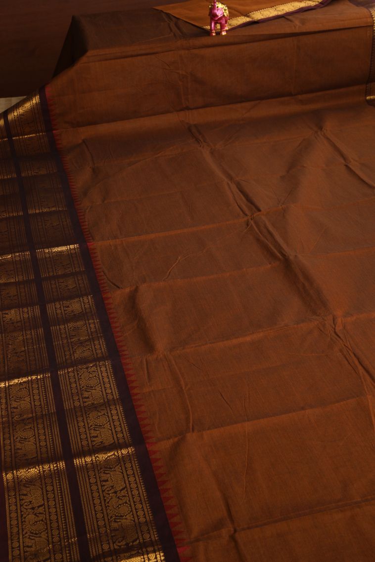 Tawny Brown Chettinad Cotton Sarees with Gold Zari Plain view 2