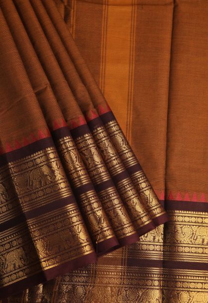 Tawny Brown Chettinad Cotton Sarees with Gold Zari Plain