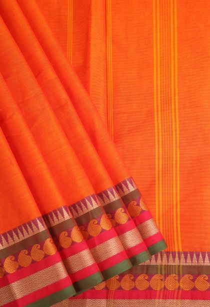 Clay Orange Chettinad Cotton Sarees with Without Zari Zari Plain