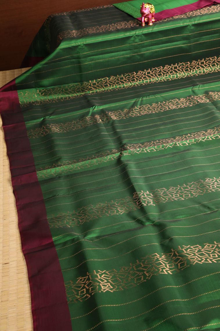 Basil Green Soft Silk Saree with Copper Zari Geometric Shapes view 2