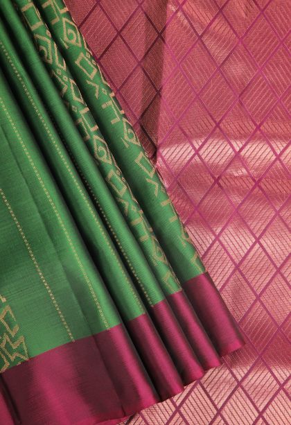 Basil Green Soft Silk Saree with Copper Zari Geometric Shapes
