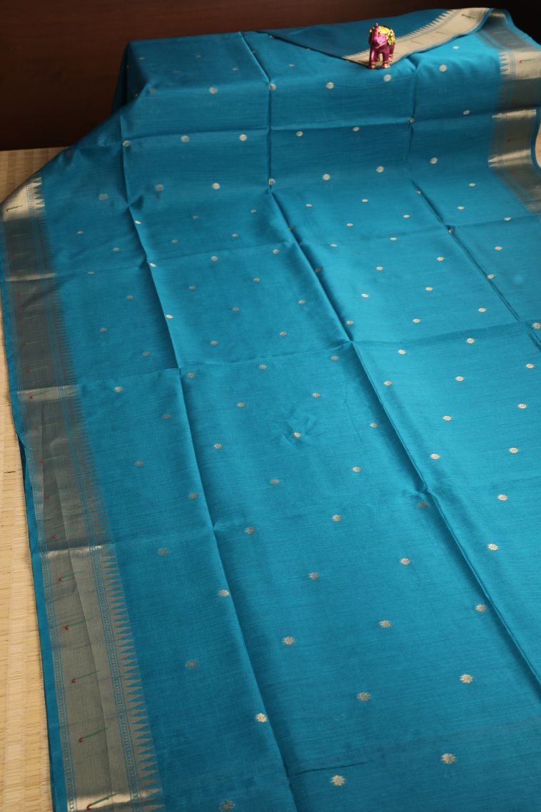 Cerulean Blue Banaras Sarees with Gold Zari Buttis (small Dots Or Motifs) view 2