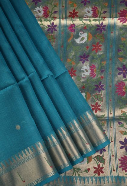 Cerulean Blue Banaras Sarees with Gold Zari Buttis (small Dots Or Motifs)
