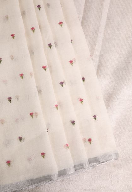 Alabaster White Linen Saree with Without Zari Zari Floral Puttas