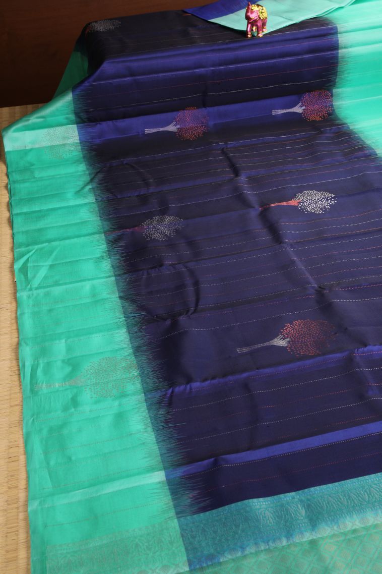 Azure Blue Soft Silk Saree with Gold And Silver Zari Straipes And Puttas view 2