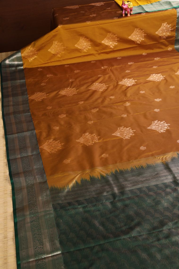 Tawny Brown Apoorva Silk Sarees with Gold Zari Floral Puttas view 2