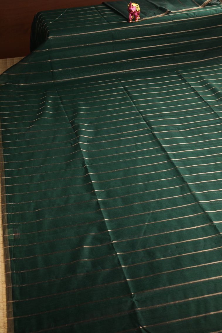 Bottle Green Semi Tussar Silk with Gold Zari Stripes view 2