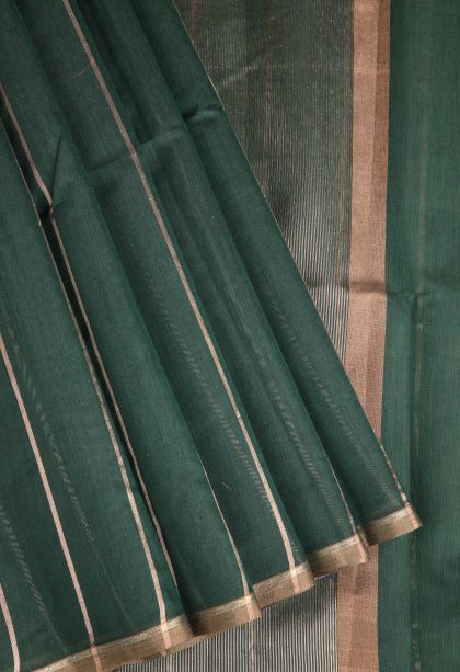 Bottle Green Semi Tussar Silk with Gold Zari Stripes