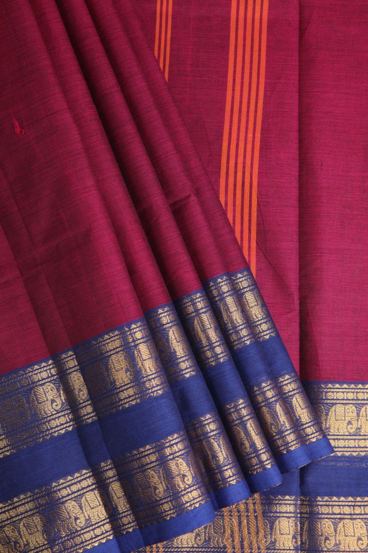 Magenta Purple Chettinad Cotton Sarees with Gold Zari Plain view 1