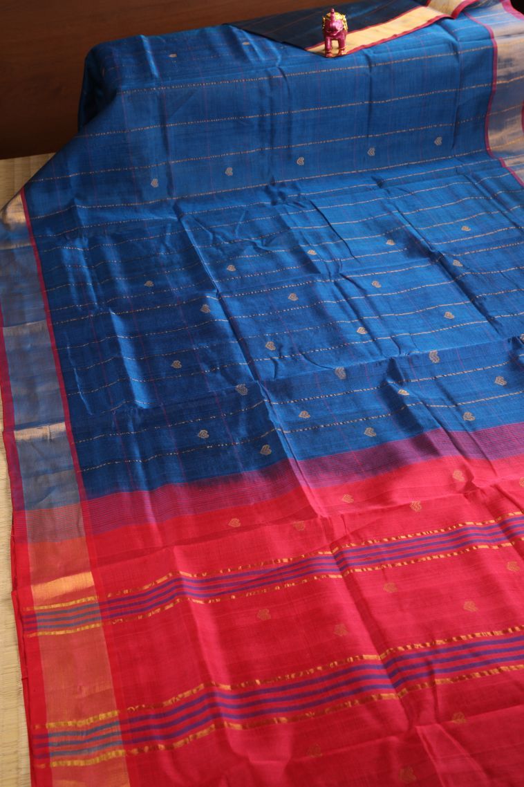 Aegean Blue Silk Cotton with Gold Zari Buttis (small Dots Or Motifs) view 2