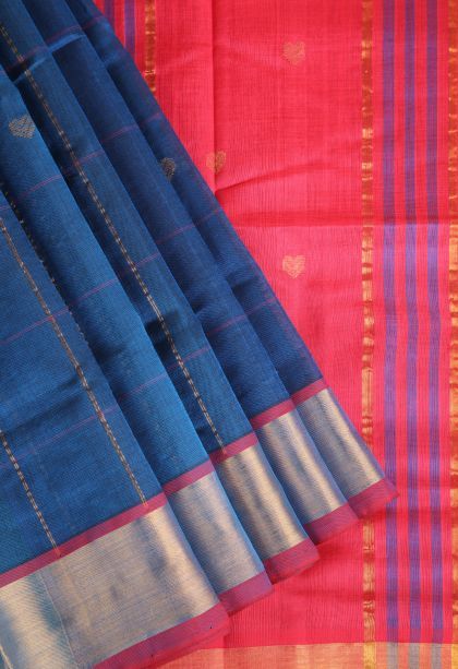 Aegean Blue Silk Cotton with Gold Zari Buttis (small Dots Or Motifs)