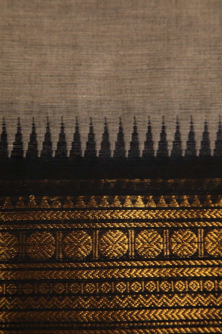 Gray Black Chettinad Cotton Sarees with Gold Zari Plain view 3