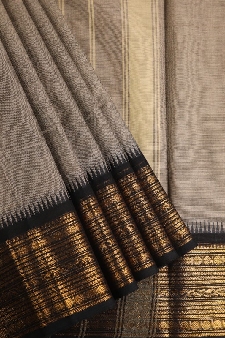 Gray Black Chettinad Cotton Sarees with Gold Zari Plain view 1