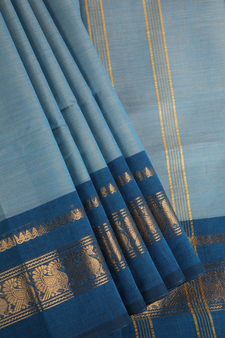 Cerulean Blue Chettinad Cotton Sarees with Gold Zari Plain view 1