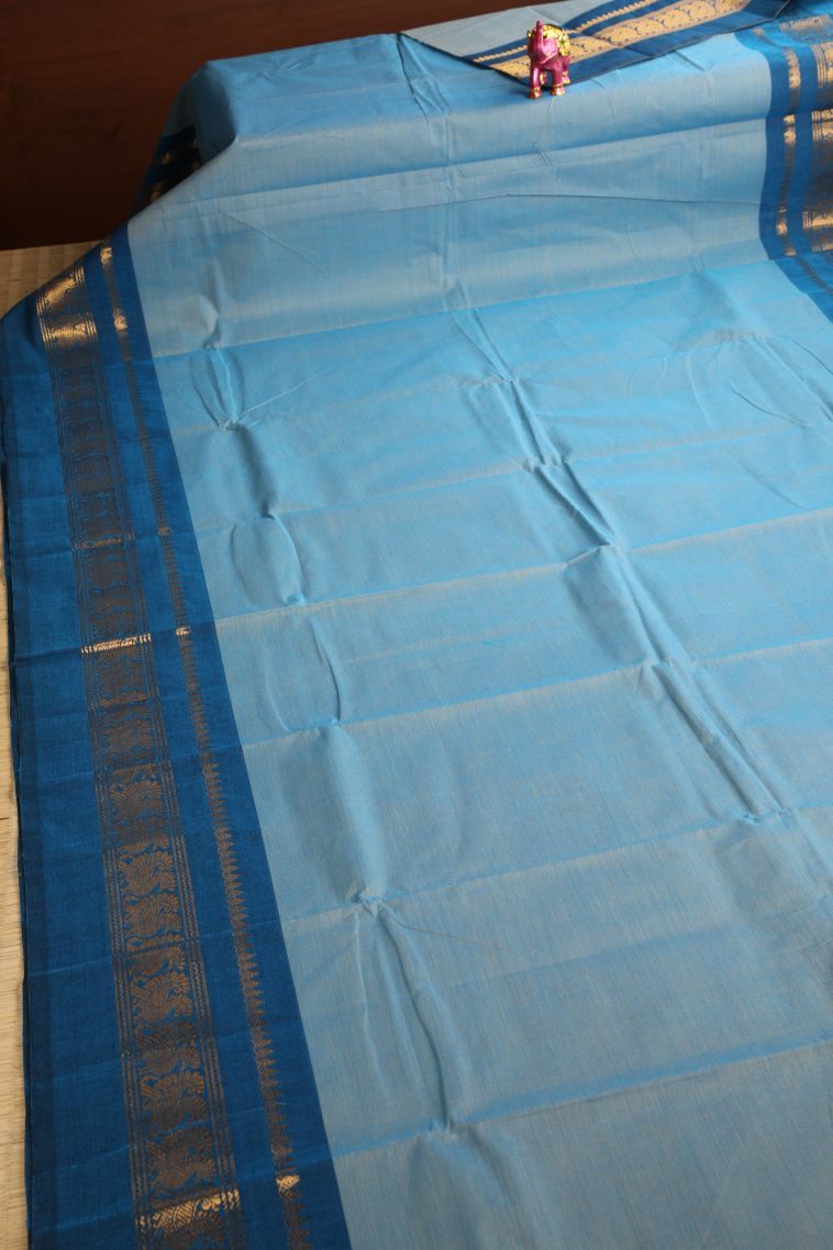 Cerulean Blue Chettinad Cotton Sarees with Gold Zari Plain view 2