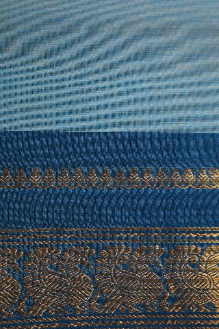 Cerulean Blue Chettinad Cotton Sarees with Gold Zari Plain view 3