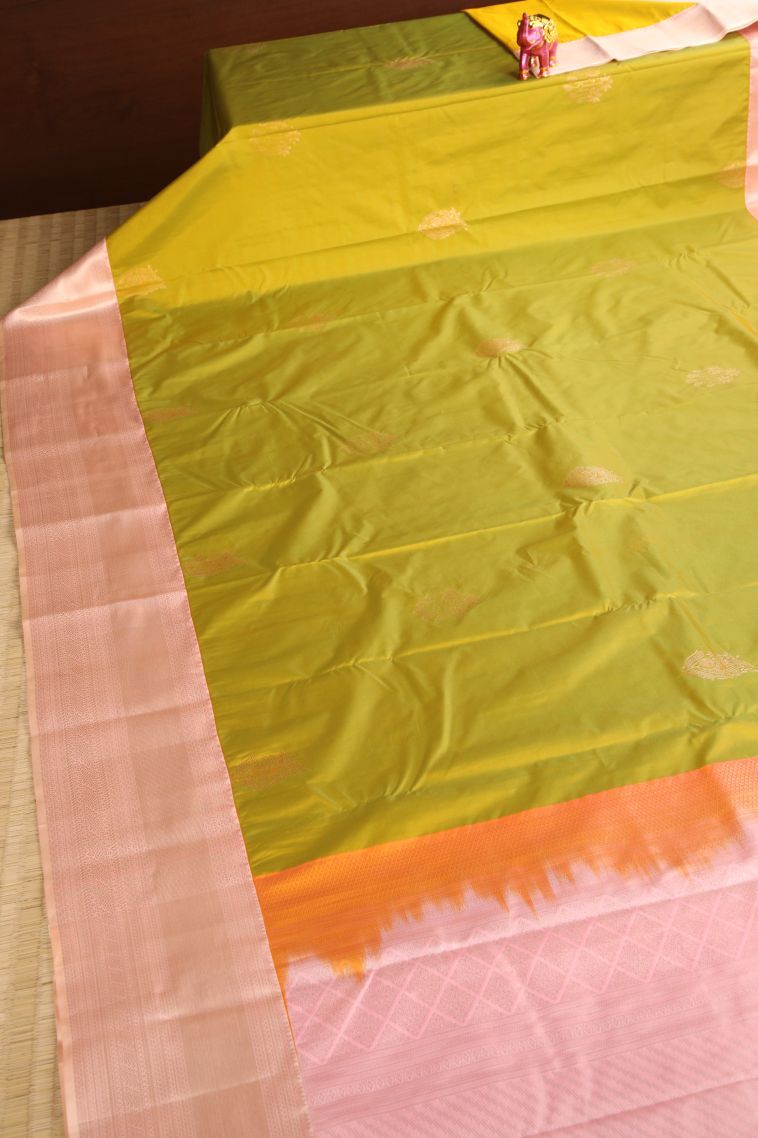 Biscotti Yellow Apoorva Silk Sarees with Gold Zari Floral Puttas view 2