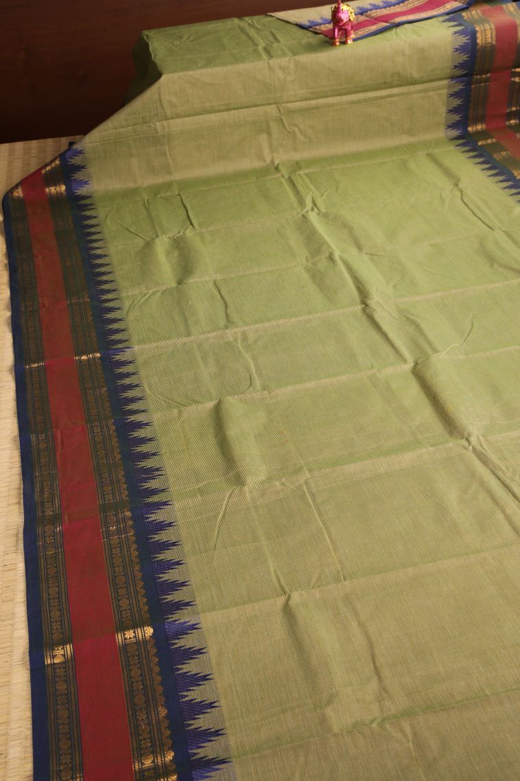 Olive Green Chettinad Cotton Sarees with Gold Zari Stripes view 2