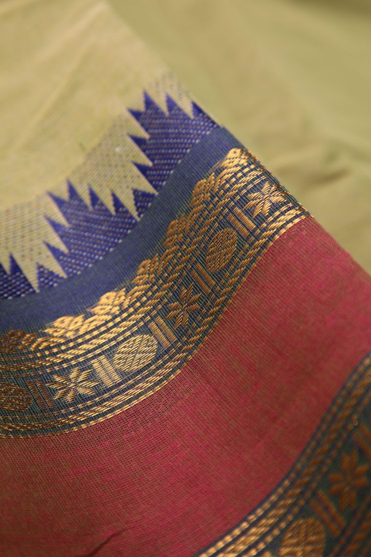 Olive Green Chettinad Cotton Sarees with Gold Zari Stripes view 4