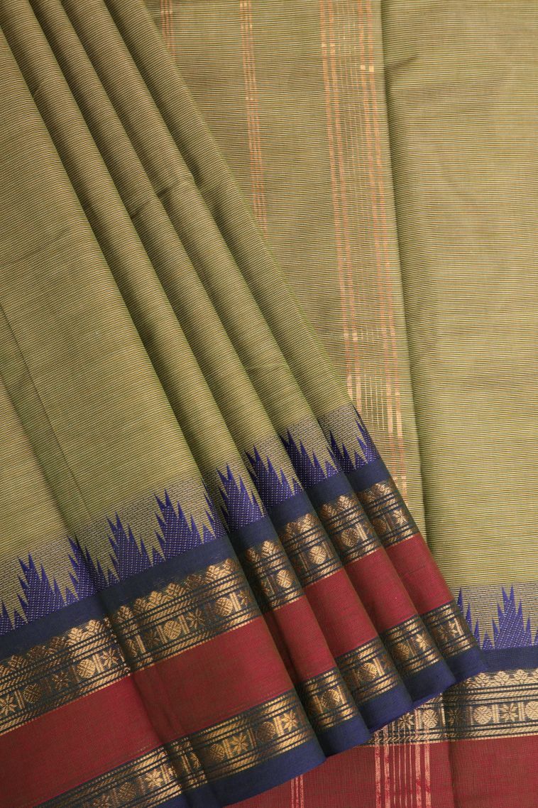 Olive Green Chettinad Cotton Sarees with Gold Zari Stripes view 1