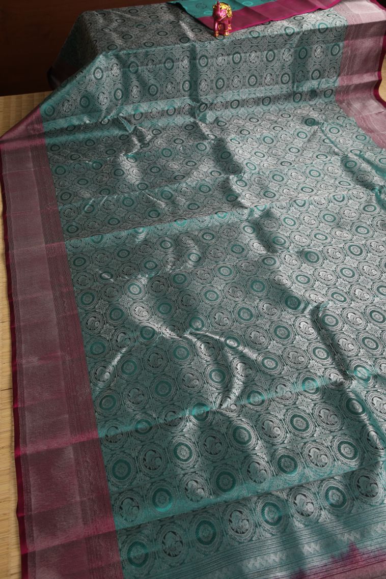 Teal Blue Soft Silk Saree with Silver Zari Annam Rudhratcham view 2