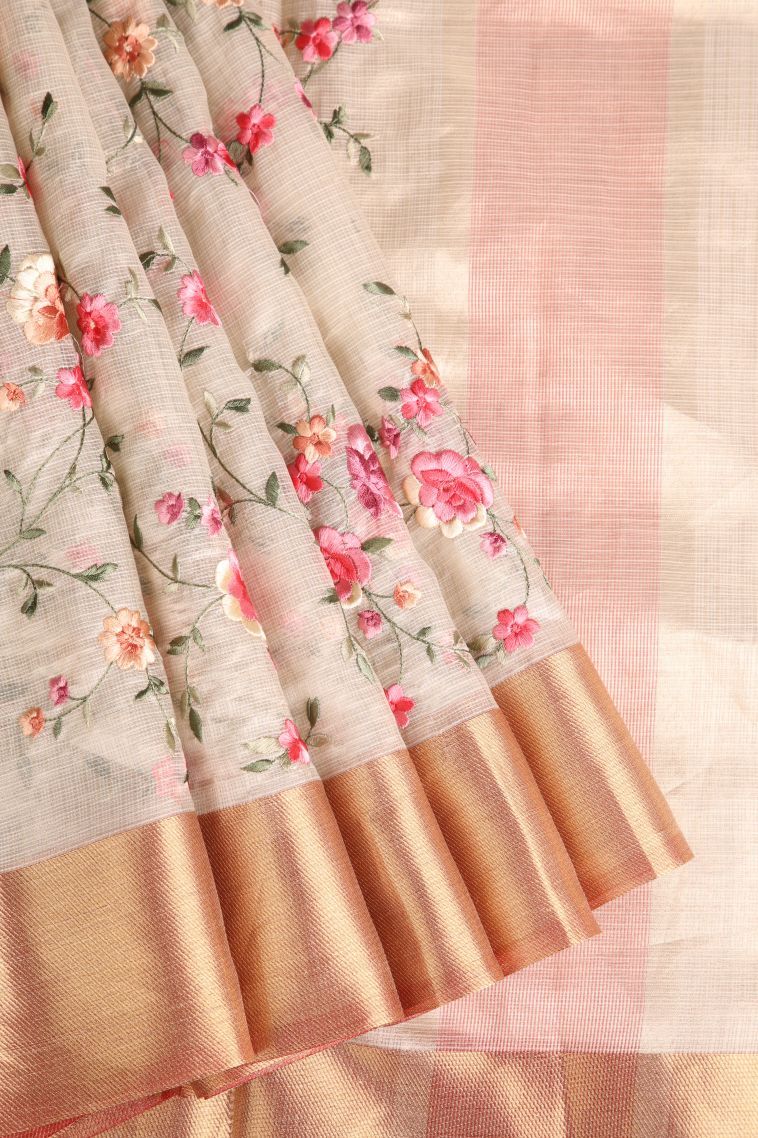 Alabaster White Tissue Silk Sarees with Gold Zari Embroidary view 1