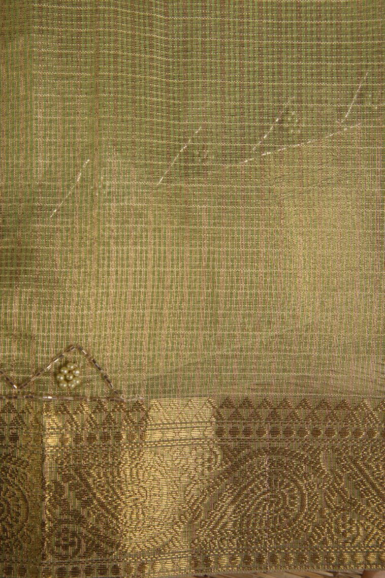 Olive Green Tissue Silk Sarees with Gold Zari Plain view 3