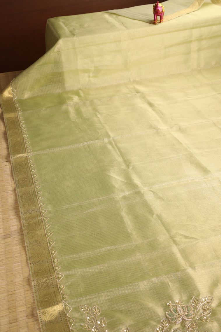 Olive Green Tissue Silk Sarees with Gold Zari Plain view 2