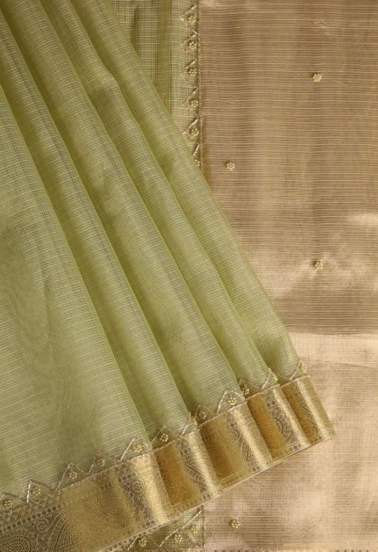 Olive Green Tissue Silk Sarees with Gold Zari Plain