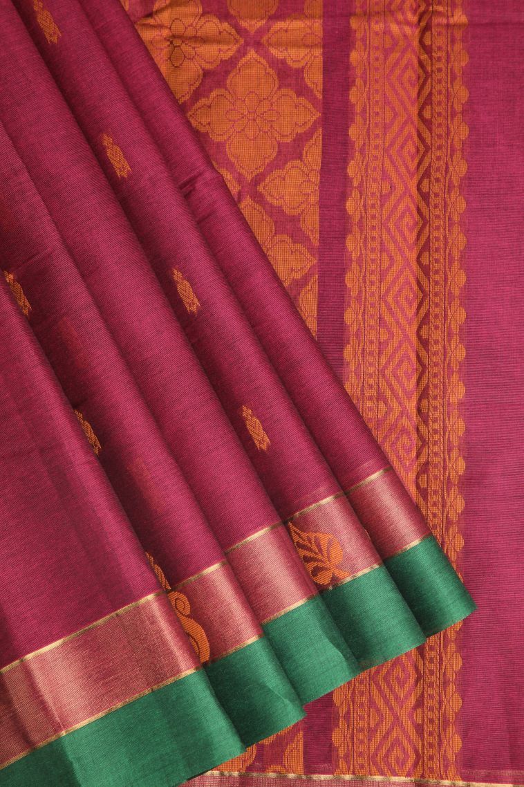 Bindi Red Chettinad Cotton Sarees with Gold Zari Buttis (small Dots Or Motifs) view 1