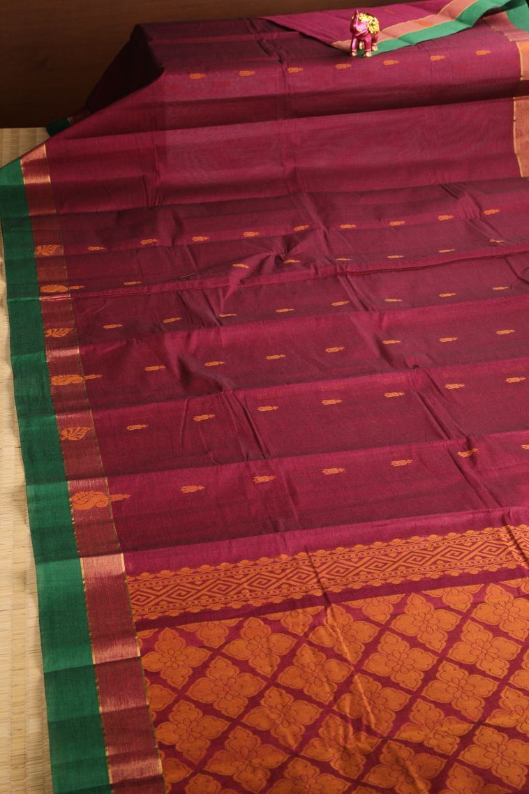 Bindi Red Chettinad Cotton Sarees with Gold Zari Buttis (small Dots Or Motifs) view 2