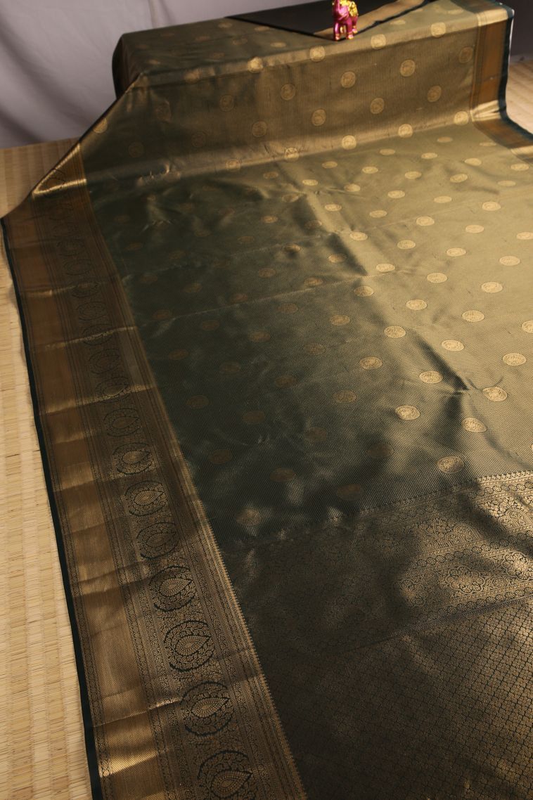 Bottle Green Apoorva Silk Sarees with Gold Zari Floral Puttas view 2