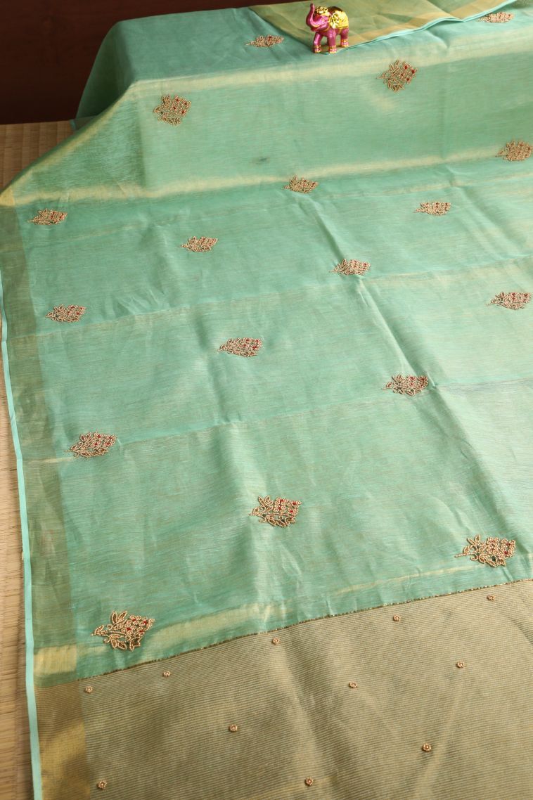 Mint Green Tissue Silk Sarees with Gold Zari Beeds Work view 2