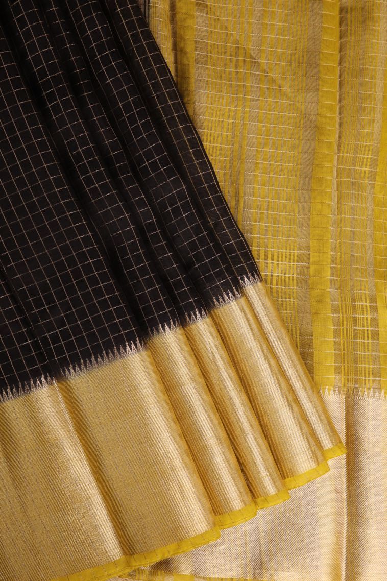 Asphalt Black Fancy Saree with Gold Zari Checks view 1