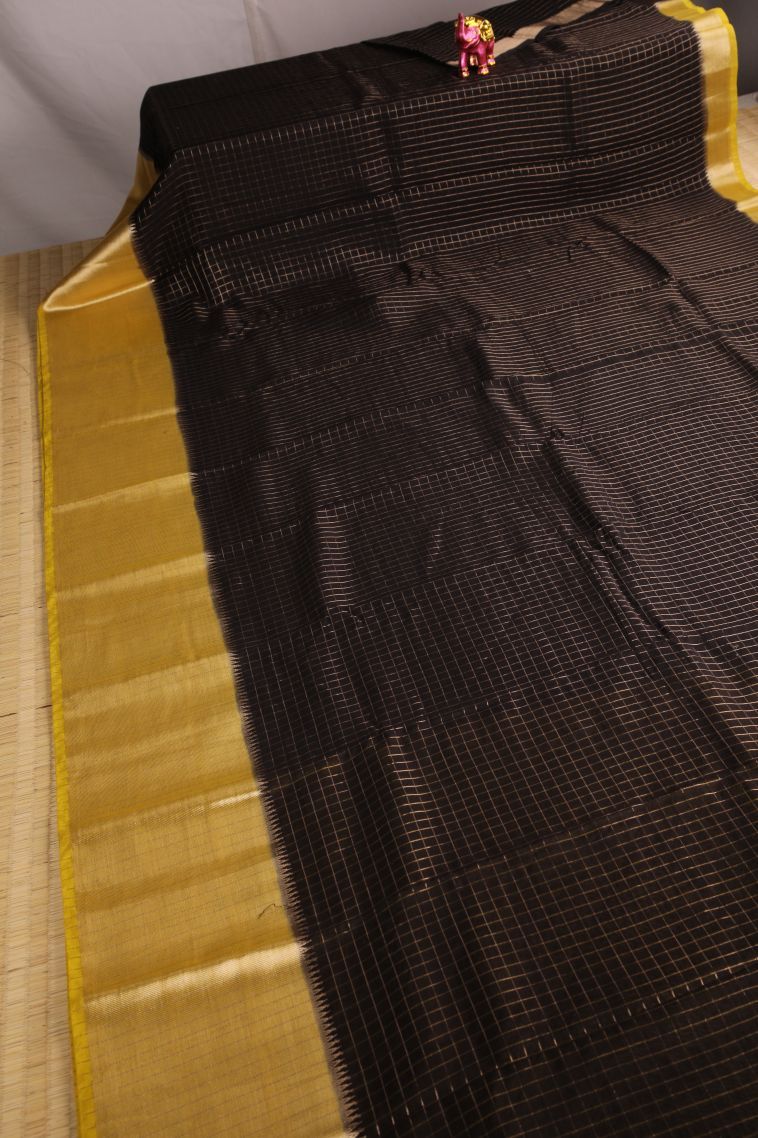 Asphalt Black Fancy Saree with Gold Zari Checks view 2