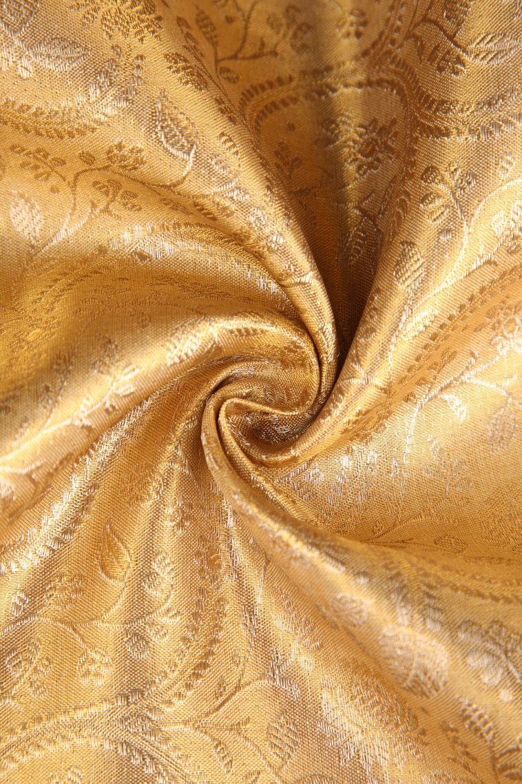 Oat Yellow Kanchipuram Silk Sarees with Gold Zari Floral Patterns view 4