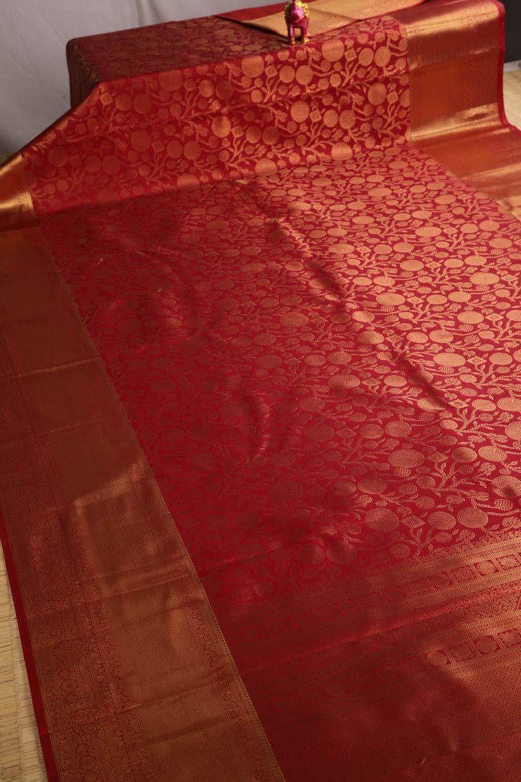 Cherry  Red Apoorva Silk Sarees with Gold Zari Floral Patterns view 2