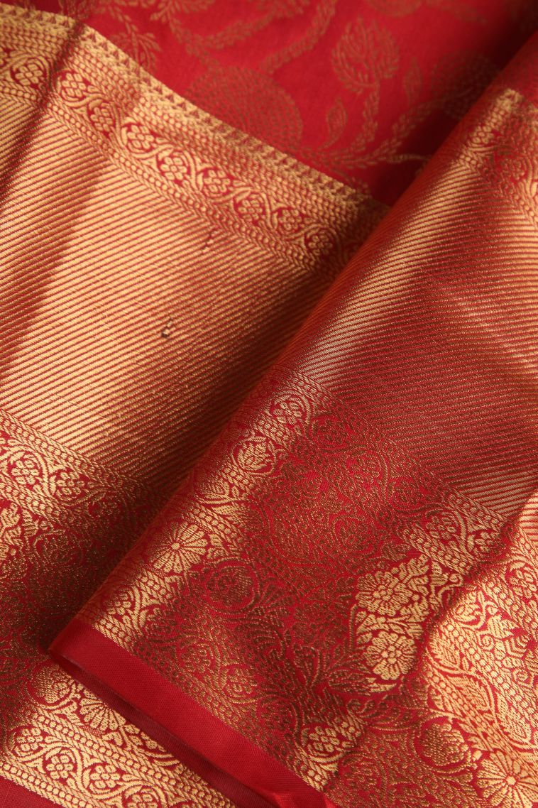 Cherry  Red Apoorva Silk Sarees with Gold Zari Floral Patterns view 4