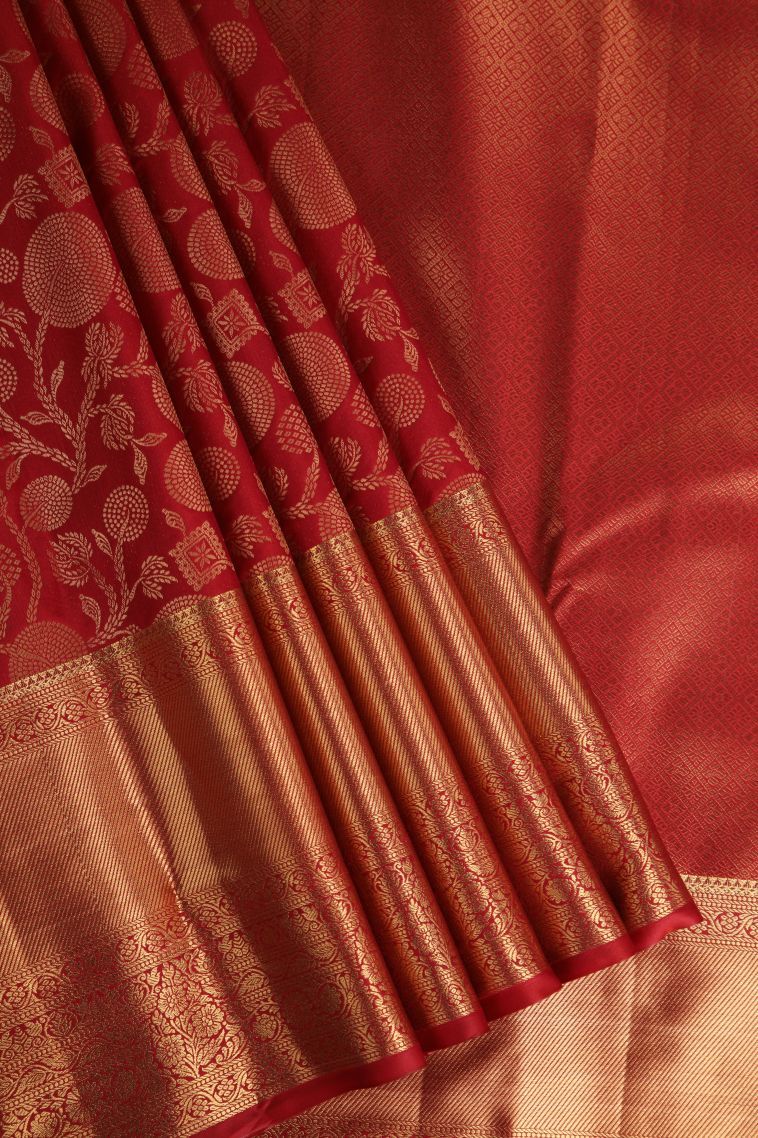 Cherry  Red Apoorva Silk Sarees with Gold Zari Floral Patterns view 1