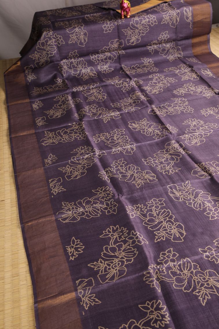 Heather Purple Tussar Saree with Gold Zari Floral Patterns view 2