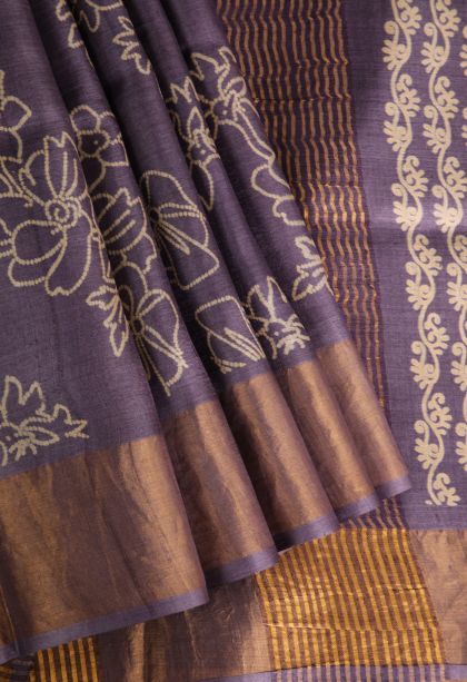 Heather Purple Tussar Saree with Gold Zari Floral Patterns